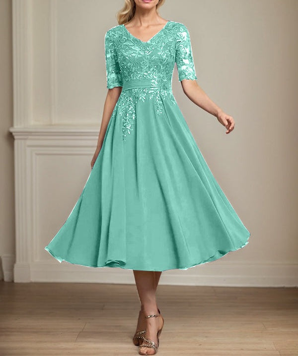 A-line V-Neck Tea-Length Lace Chiffon Mother of the Bride Dress With Sequins