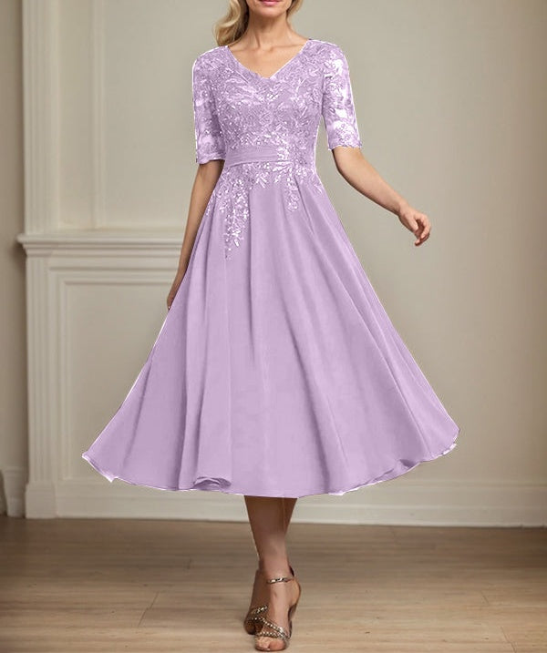 A-line V-Neck Tea-Length Lace Chiffon Mother of the Bride Dress With Sequins