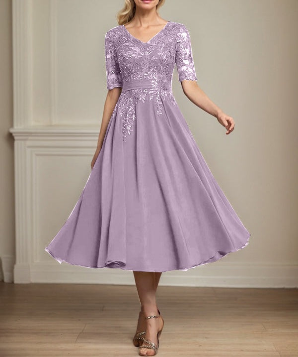 A-line V-Neck Tea-Length Lace Chiffon Mother of the Bride Dress With Sequins