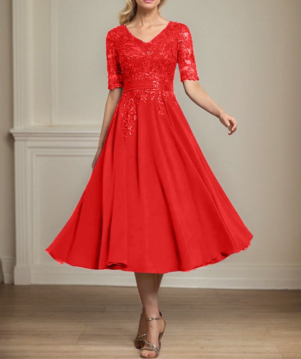 A-line V-Neck Tea-Length Lace Chiffon Mother of the Bride Dress With Sequins