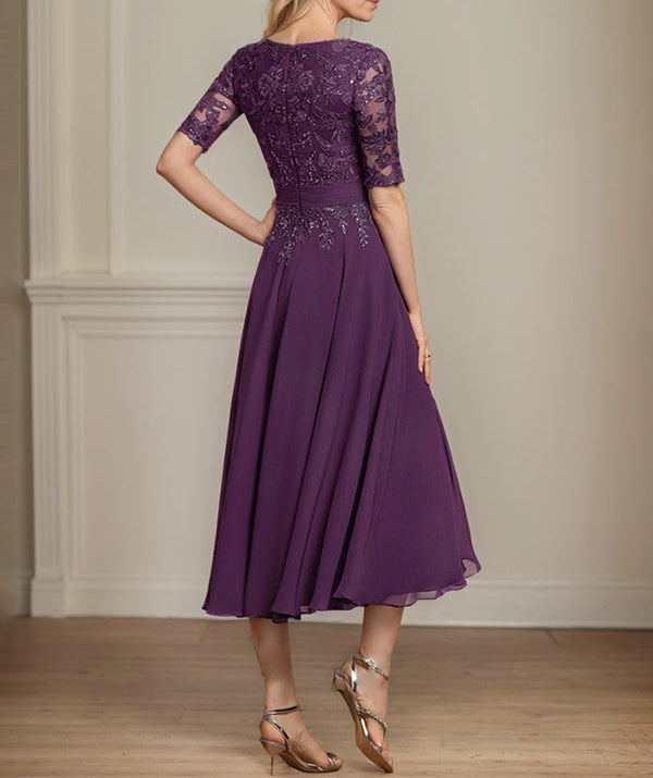 A-line V-Neck Tea-Length Lace Chiffon Mother of the Bride Dress With Sequins