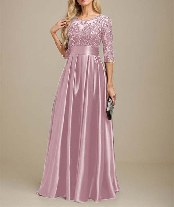 A-line Scoop Illusion Floor-Length Stretch Satin Lace Mother of the Bride Dress With Bow Sequins