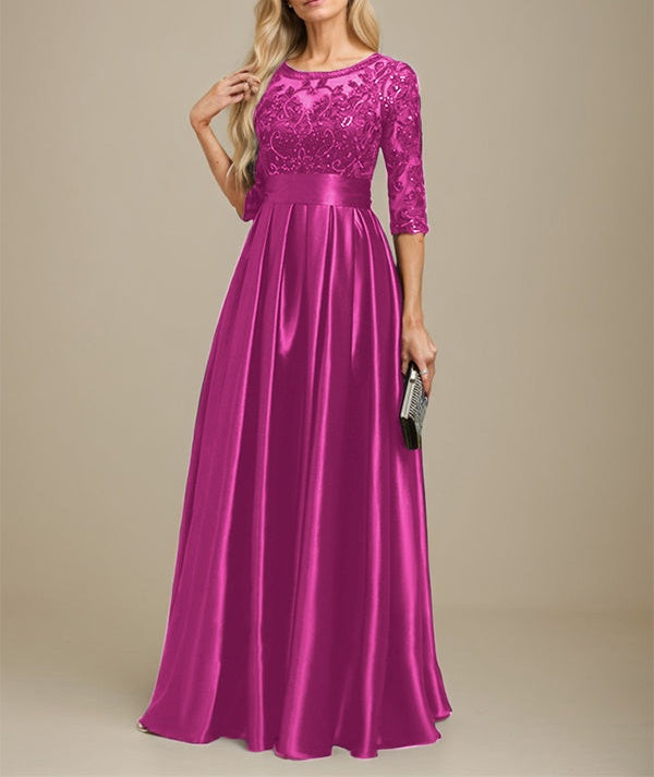A-line Scoop Illusion Floor-Length Stretch Satin Lace Mother of the Bride Dress With Bow Sequins