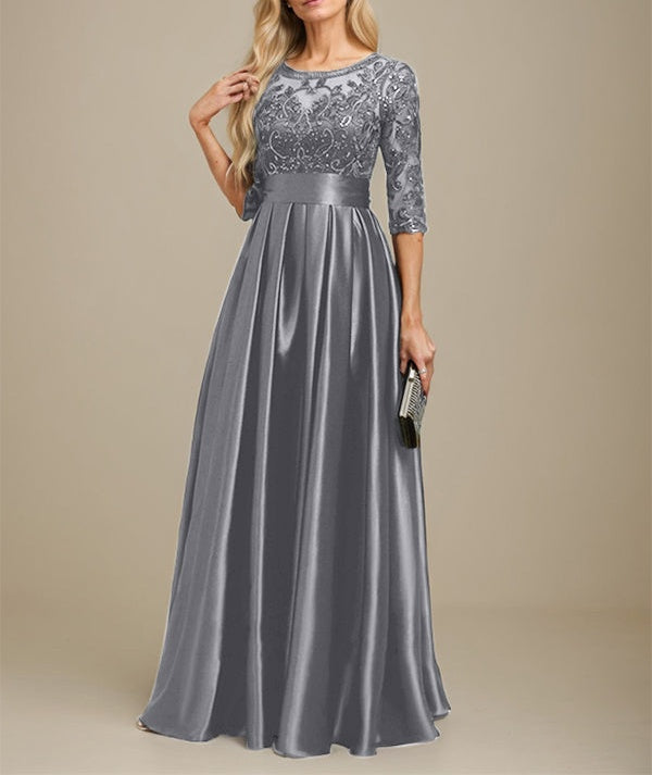 A-line Scoop Illusion Floor-Length Stretch Satin Lace Mother of the Bride Dress With Bow Sequins