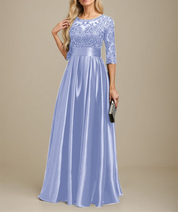 A-line Scoop Illusion Floor-Length Stretch Satin Lace Mother of the Bride Dress With Bow Sequins