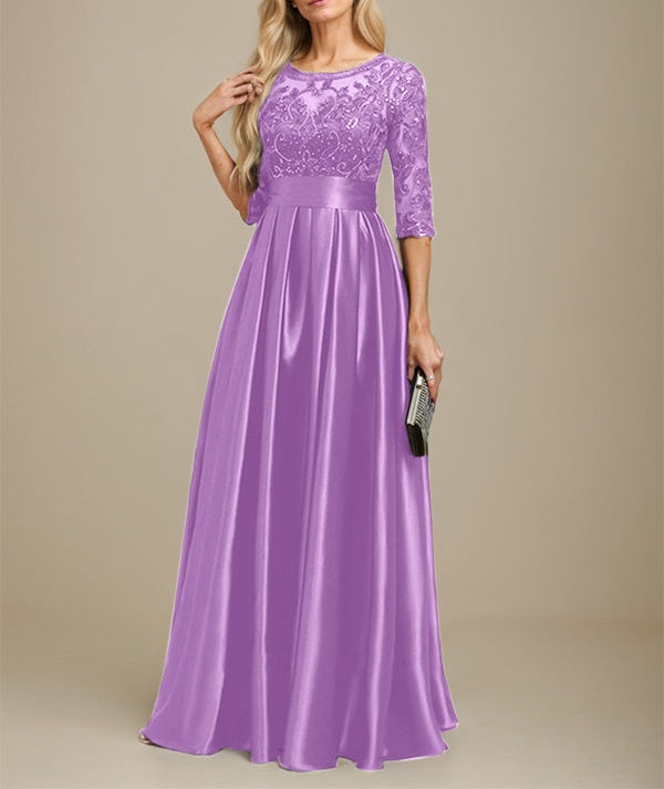 A-line Scoop Illusion Floor-Length Stretch Satin Lace Mother of the Bride Dress With Bow Sequins