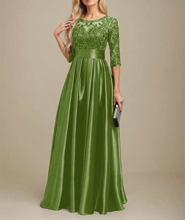 A-line Scoop Illusion Floor-Length Stretch Satin Lace Mother of the Bride Dress With Bow Sequins