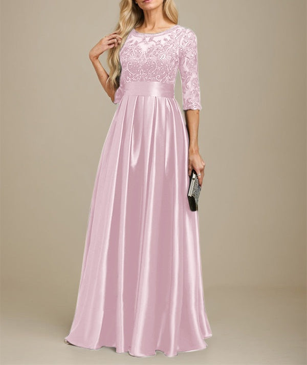 A-line Scoop Illusion Floor-Length Stretch Satin Lace Mother of the Bride Dress With Bow Sequins