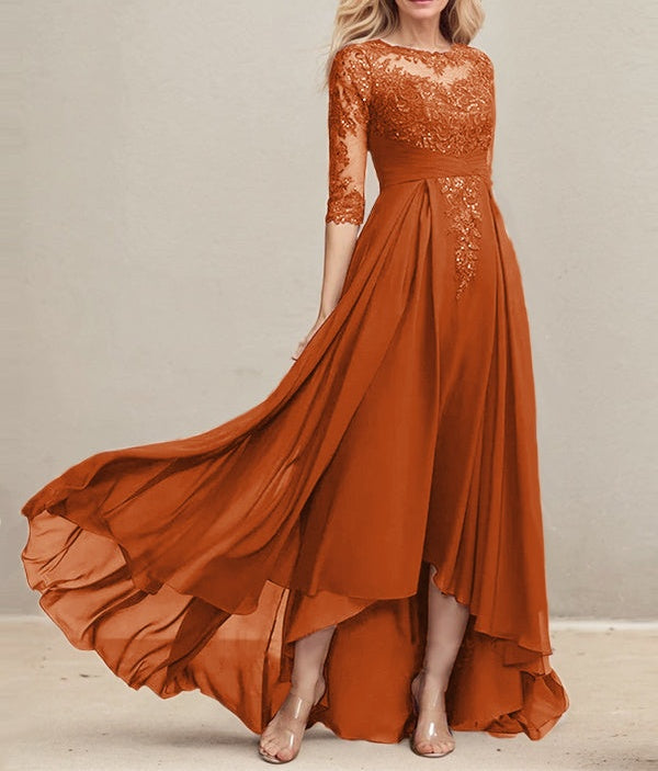 A-line Scoop Illusion Asymmetrical Lace Chiffon Mother of the Bride Dress With Pleated Sequins