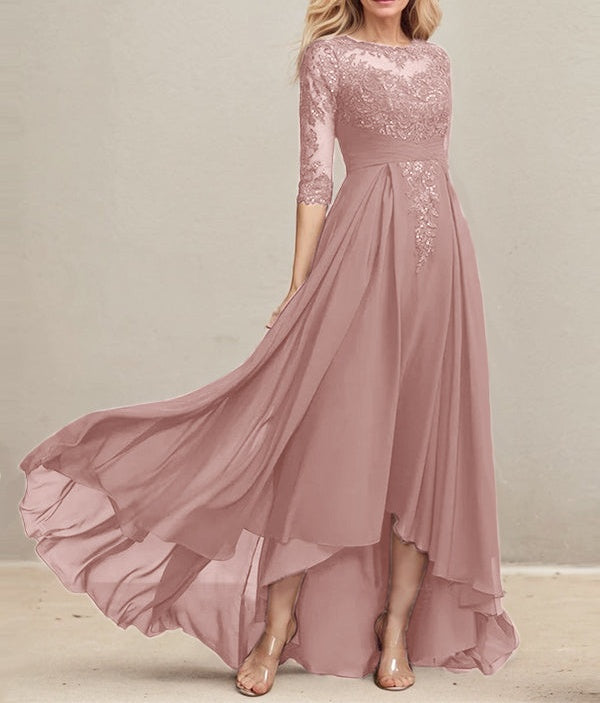 A-line Scoop Illusion Asymmetrical Lace Chiffon Mother of the Bride Dress With Pleated Sequins