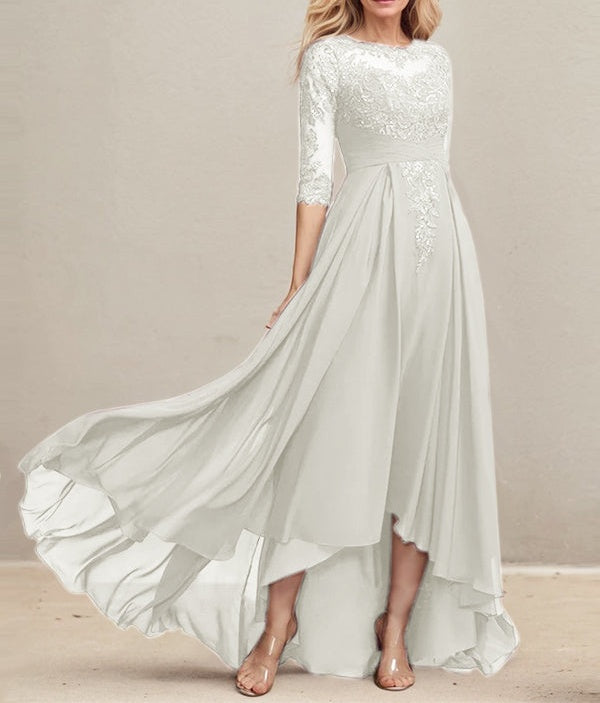 A-line Scoop Illusion Asymmetrical Lace Chiffon Mother of the Bride Dress With Pleated Sequins