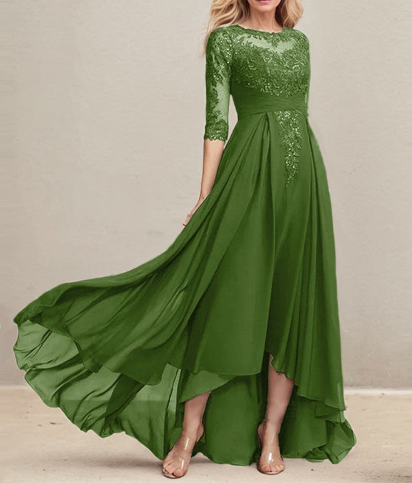 A-line Scoop Illusion Asymmetrical Lace Chiffon Mother of the Bride Dress With Pleated Sequins