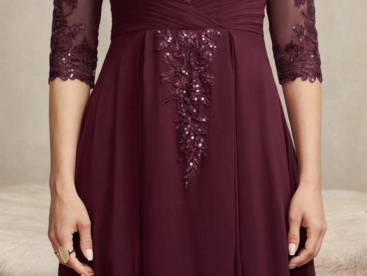 A-line Scoop Illusion Asymmetrical Lace Chiffon Mother of the Bride Dress With Pleated Sequins