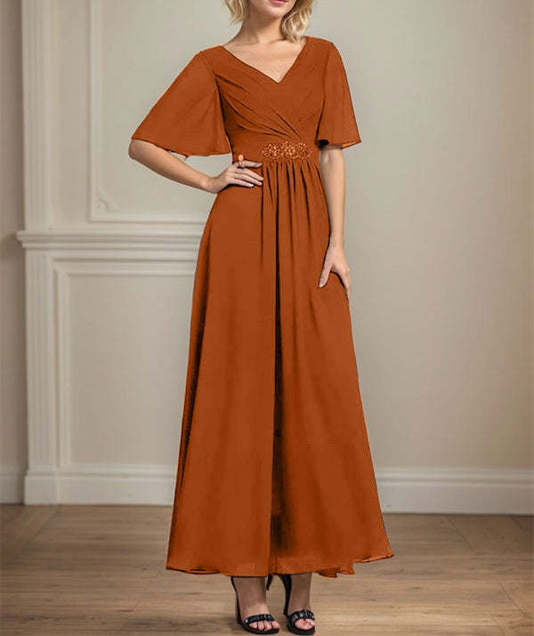 A-line V-Neck Ankle-Length Chiffon Mother of the Bride Dress With Pleated Beading Sequins