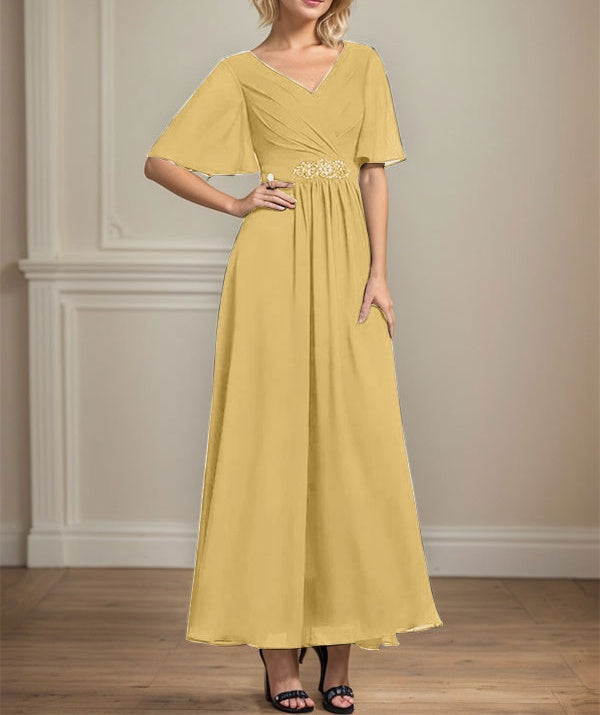 A-line V-Neck Ankle-Length Chiffon Mother of the Bride Dress With Pleated Beading Sequins