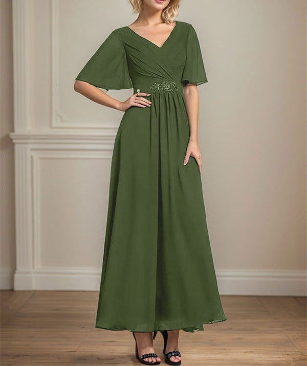 A-line V-Neck Ankle-Length Chiffon Mother of the Bride Dress With Pleated Beading Sequins