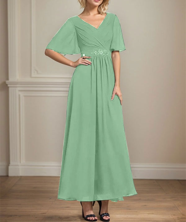 A-line V-Neck Ankle-Length Chiffon Mother of the Bride Dress With Pleated Beading Sequins
