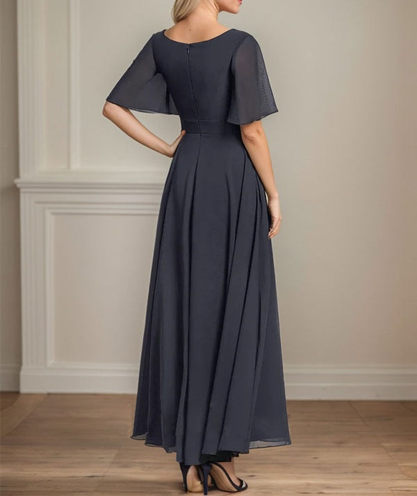 A-line V-Neck Ankle-Length Chiffon Mother of the Bride Dress With Pleated Beading Sequins
