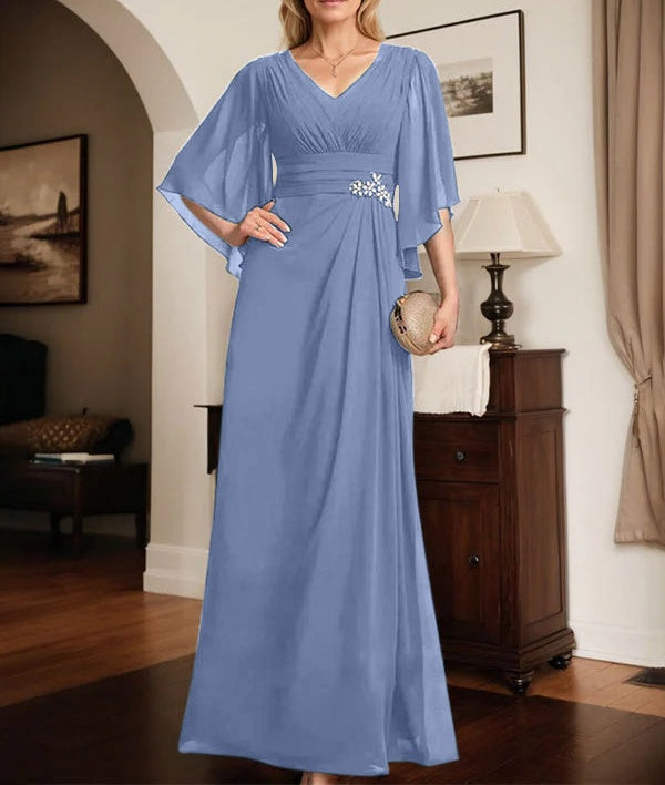 Sheath/Column V-Neck Floor-Length Chiffon Mother of the Bride Dress With Pleated Sequins Beading