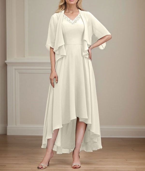 A-line V-Neck Asymmetrical Chiffon Mother of the Bride Dress With Beading Sequins