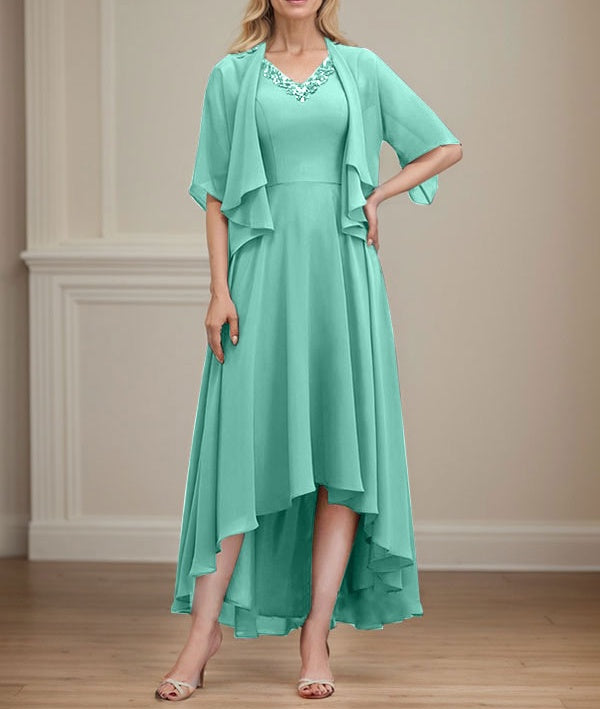 A-line V-Neck Asymmetrical Chiffon Mother of the Bride Dress With Beading Sequins