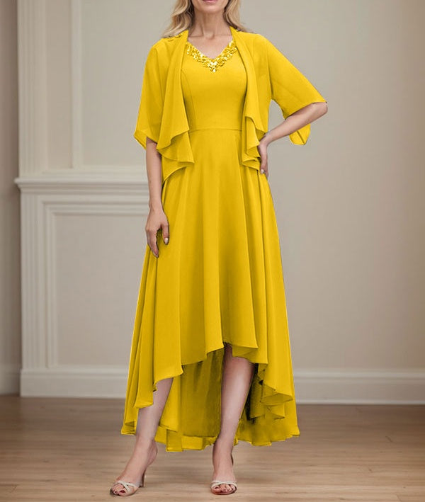 A-line V-Neck Asymmetrical Chiffon Mother of the Bride Dress With Beading Sequins