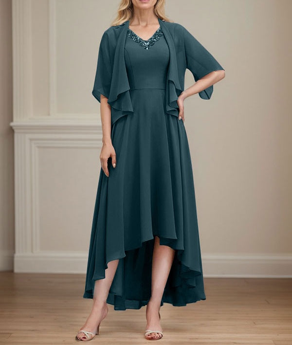 A-line V-Neck Asymmetrical Chiffon Mother of the Bride Dress With Beading Sequins