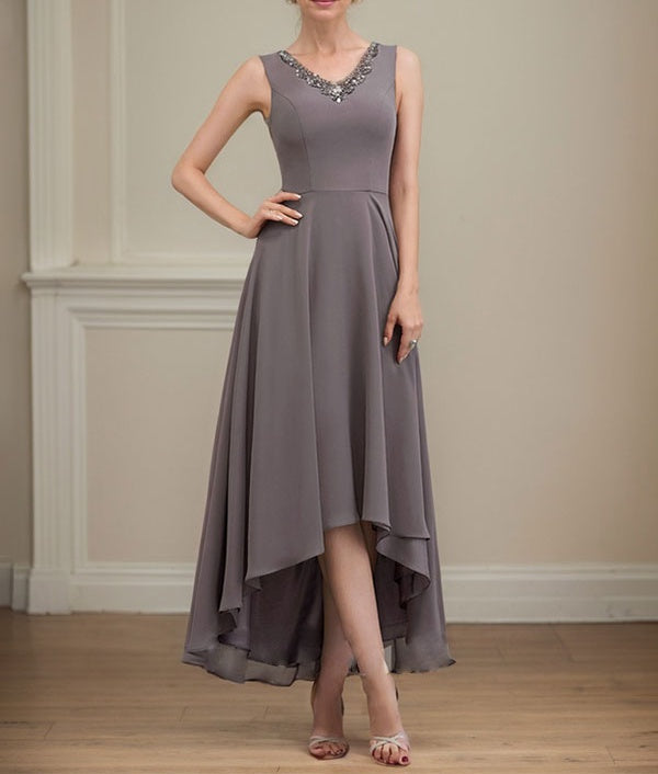 A-line V-Neck Asymmetrical Chiffon Mother of the Bride Dress With Beading Sequins