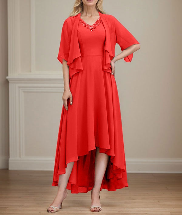 A-line V-Neck Asymmetrical Chiffon Mother of the Bride Dress With Beading Sequins