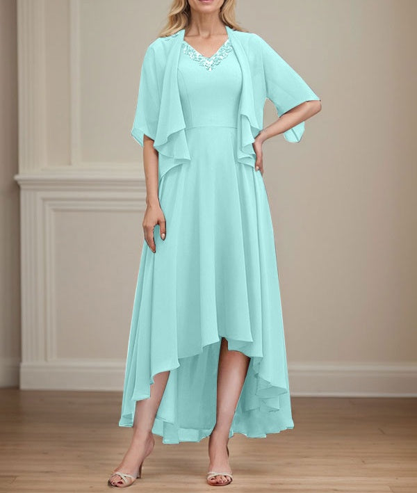 A-line V-Neck Asymmetrical Chiffon Mother of the Bride Dress With Beading Sequins