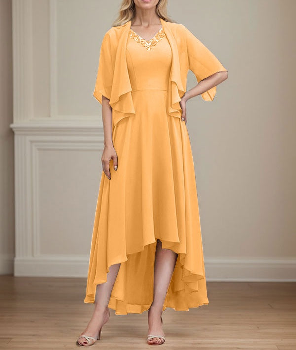 A-line V-Neck Asymmetrical Chiffon Mother of the Bride Dress With Beading Sequins