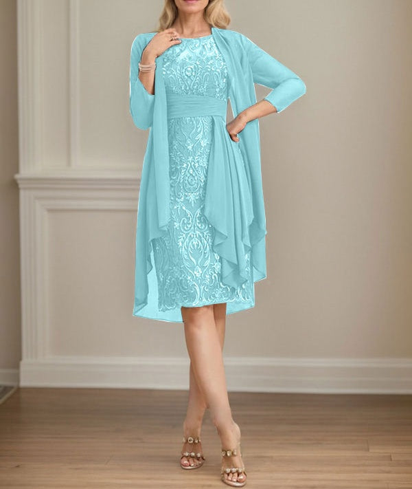 Sheath/Column Scoop Illusion Knee-Length Lace Chiffon Mother of the Bride Dress With Cascading Ruffles Sequins
