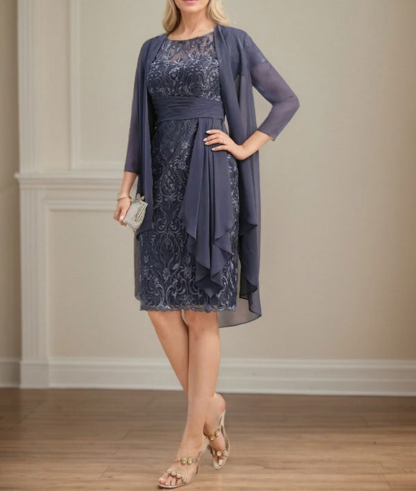 Sheath/Column Scoop Illusion Knee-Length Lace Chiffon Mother of the Bride Dress With Cascading Ruffles Sequins