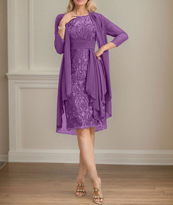 Sheath/Column Scoop Illusion Knee-Length Lace Chiffon Mother of the Bride Dress With Cascading Ruffles Sequins