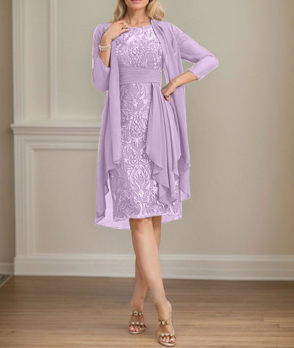 Sheath/Column Scoop Illusion Knee-Length Lace Chiffon Mother of the Bride Dress With Cascading Ruffles Sequins