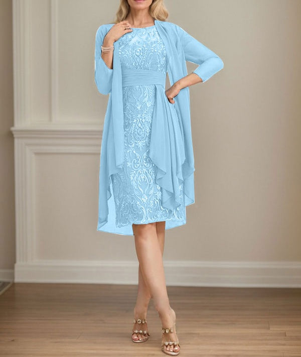 Sheath/Column Scoop Illusion Knee-Length Lace Chiffon Mother of the Bride Dress With Cascading Ruffles Sequins