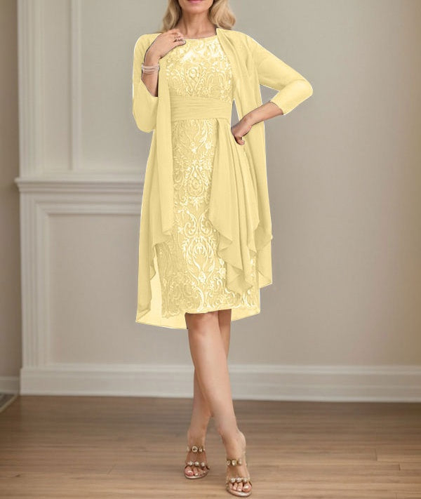 Sheath/Column Scoop Illusion Knee-Length Lace Chiffon Mother of the Bride Dress With Cascading Ruffles Sequins