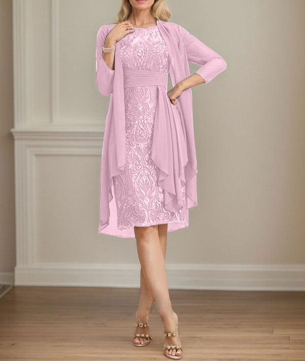 Sheath/Column Scoop Illusion Knee-Length Lace Chiffon Mother of the Bride Dress With Cascading Ruffles Sequins
