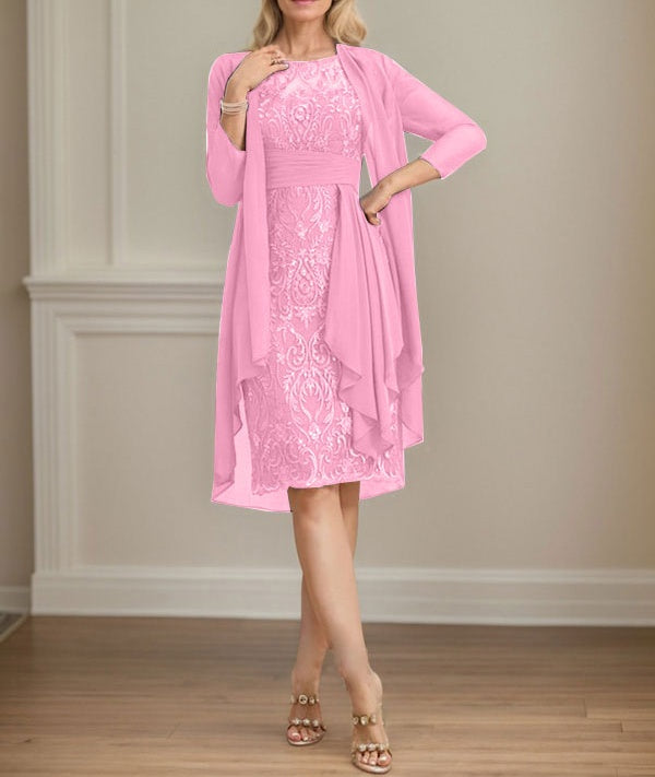 Sheath/Column Scoop Illusion Knee-Length Lace Chiffon Mother of the Bride Dress With Cascading Ruffles Sequins
