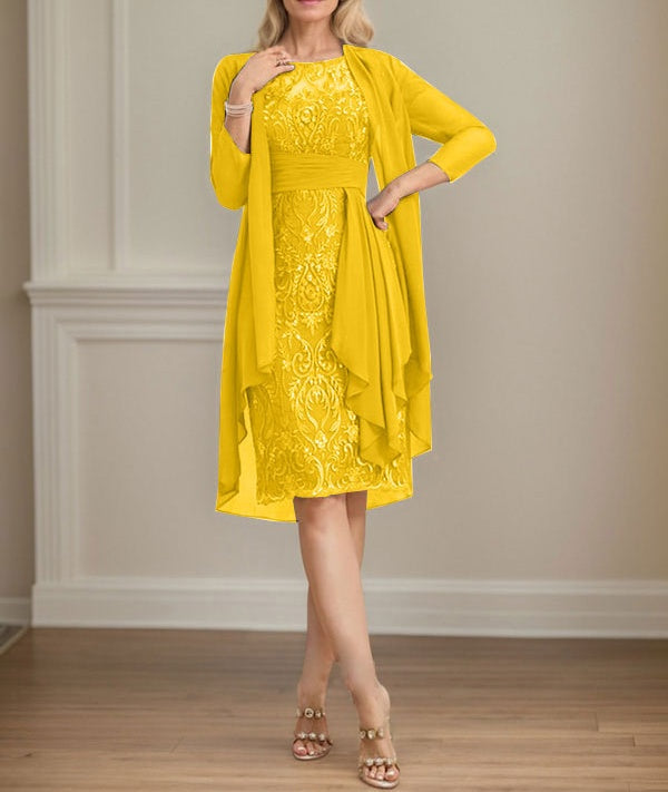 Sheath/Column Scoop Illusion Knee-Length Lace Chiffon Mother of the Bride Dress With Cascading Ruffles Sequins