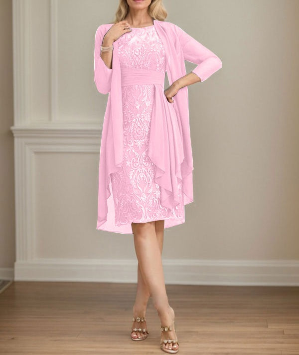 Sheath/Column Scoop Illusion Knee-Length Lace Chiffon Mother of the Bride Dress With Cascading Ruffles Sequins