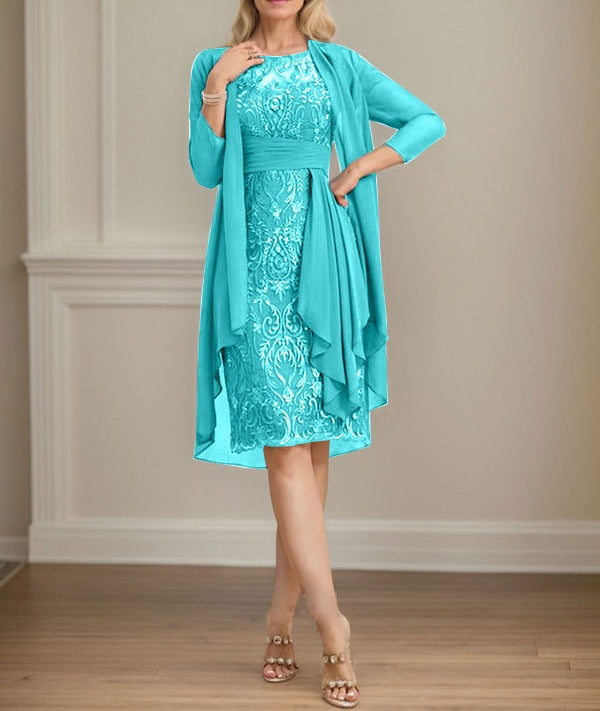 Sheath/Column Scoop Illusion Knee-Length Lace Chiffon Mother of the Bride Dress With Cascading Ruffles Sequins