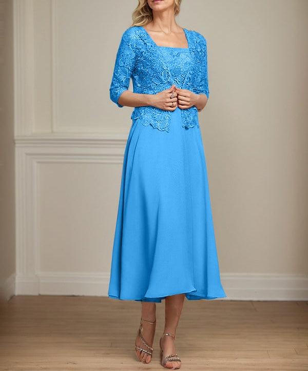 A-line Square Tea-Length Chiffon Lace Mother of the Bride Dress With Sequins Beading