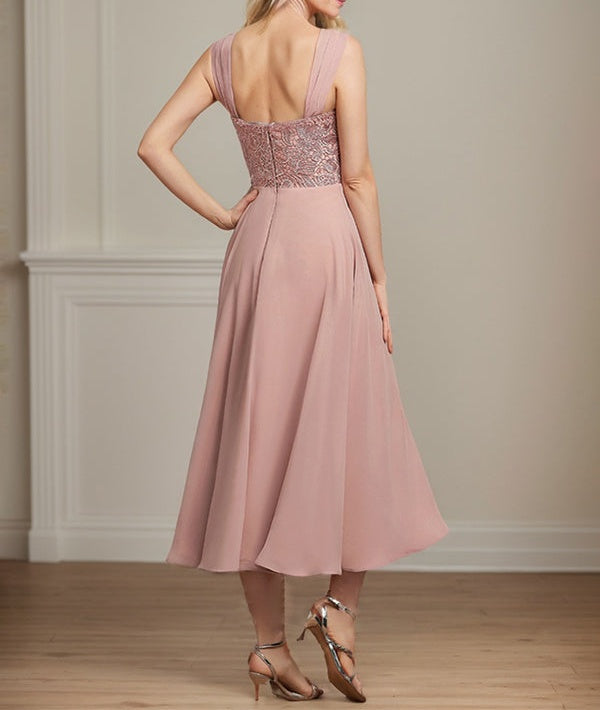 A-line Square Tea-Length Chiffon Lace Mother of the Bride Dress With Sequins Beading