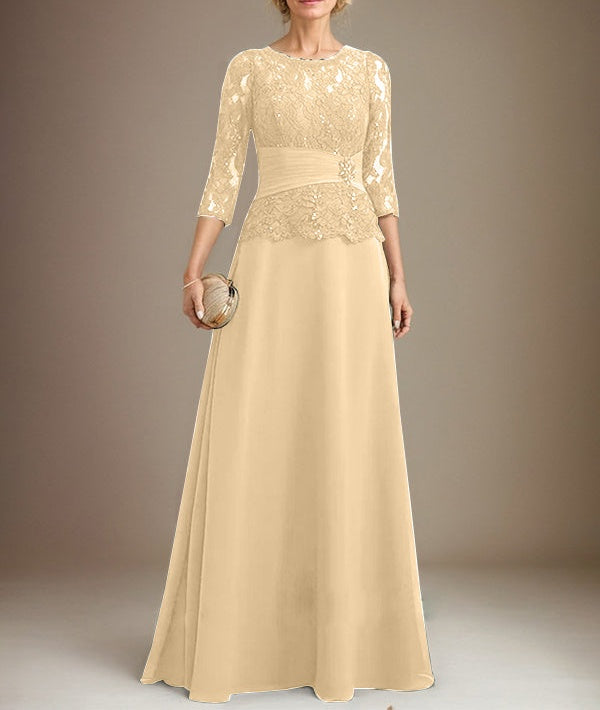 A-line Scoop Illusion Floor-Length Chiffon Lace Mother of the Bride Dress With Pleated Sequins Beading
