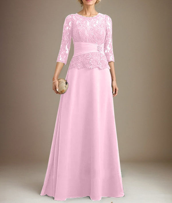 A-line Scoop Illusion Floor-Length Chiffon Lace Mother of the Bride Dress With Pleated Sequins Beading