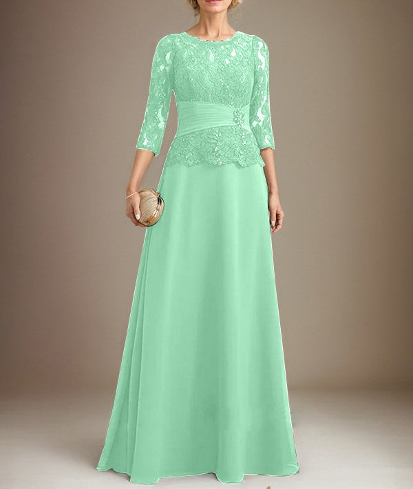 A-line Scoop Illusion Floor-Length Chiffon Lace Mother of the Bride Dress With Pleated Sequins Beading