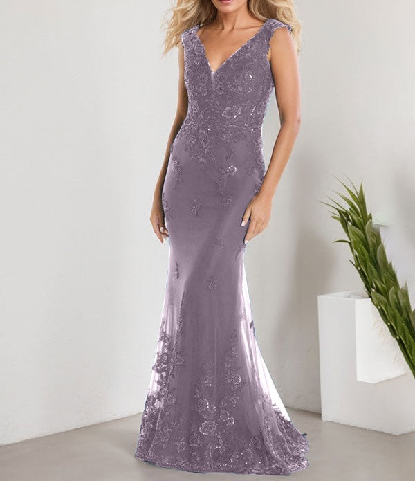 A-line V-Neck Floor-Length Lace Chiffon Mother of the Bride Dress With Applique Sequins Mermaid Dresses
