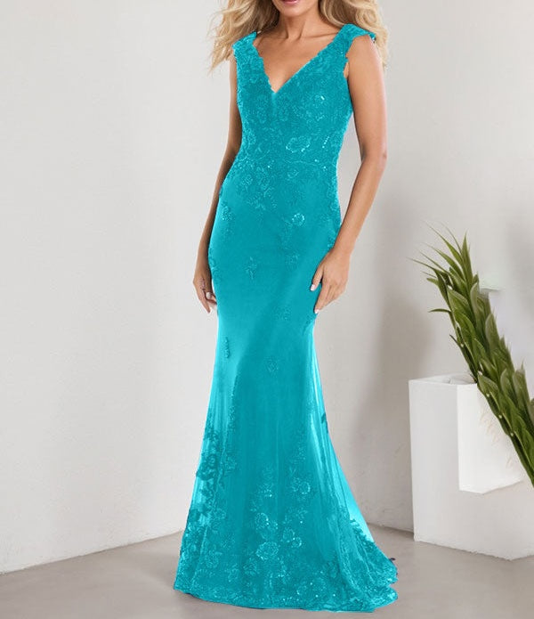 A-line V-Neck Floor-Length Lace Chiffon Mother of the Bride Dress With Applique Sequins Mermaid Dresses
