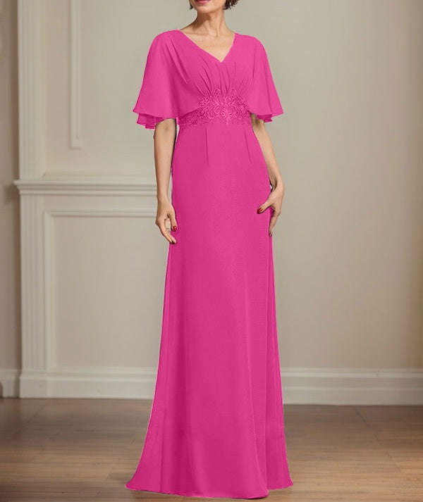 A-line V-Neck Floor-Length Chiffon Mother of the Bride Dress With Pleated Sequins Appliques Lace